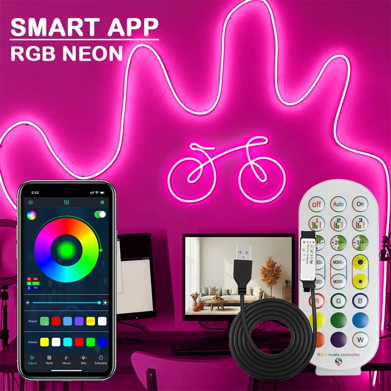 Bande lumineuse néon USB intelligente, bande LED néon 5V RGB avec télécommande et contrôle par application
